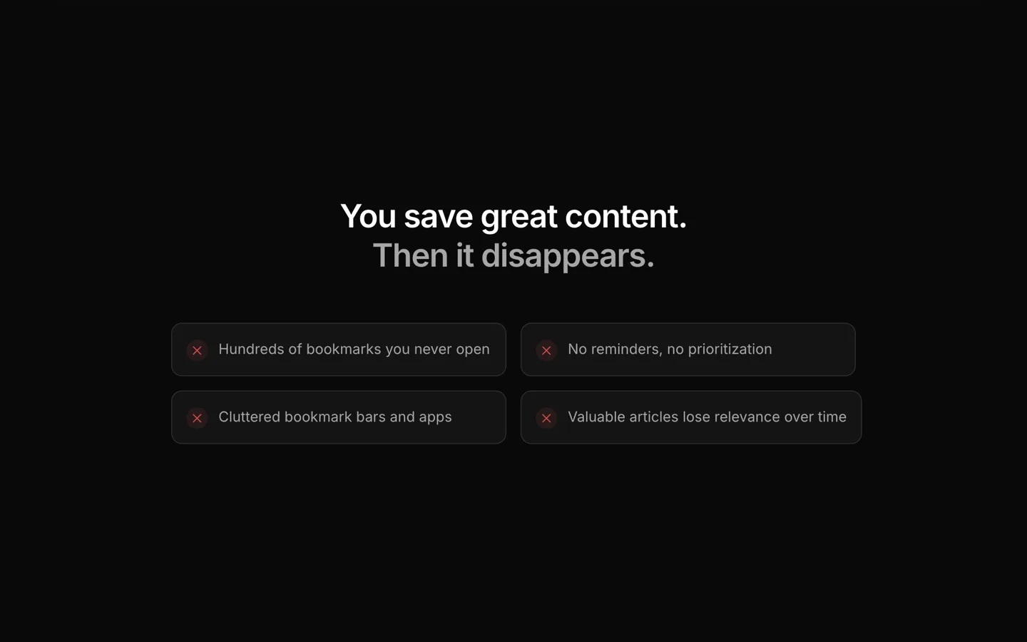 The Revisit problem section: hundreds of bookmarks you never open, no reminders, cluttered bookmark bars
