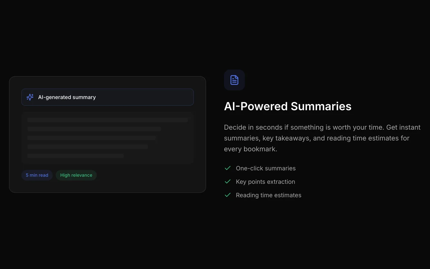 An AI-generated summary card with a 5 min read and high relevance tag